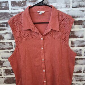 Lucky Brand XL Sleeveless Top Button Down Rust Color Eyelet